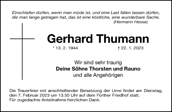 Traueranzeige von Gerhard Thumann von Fürther Nachrichten Lokal