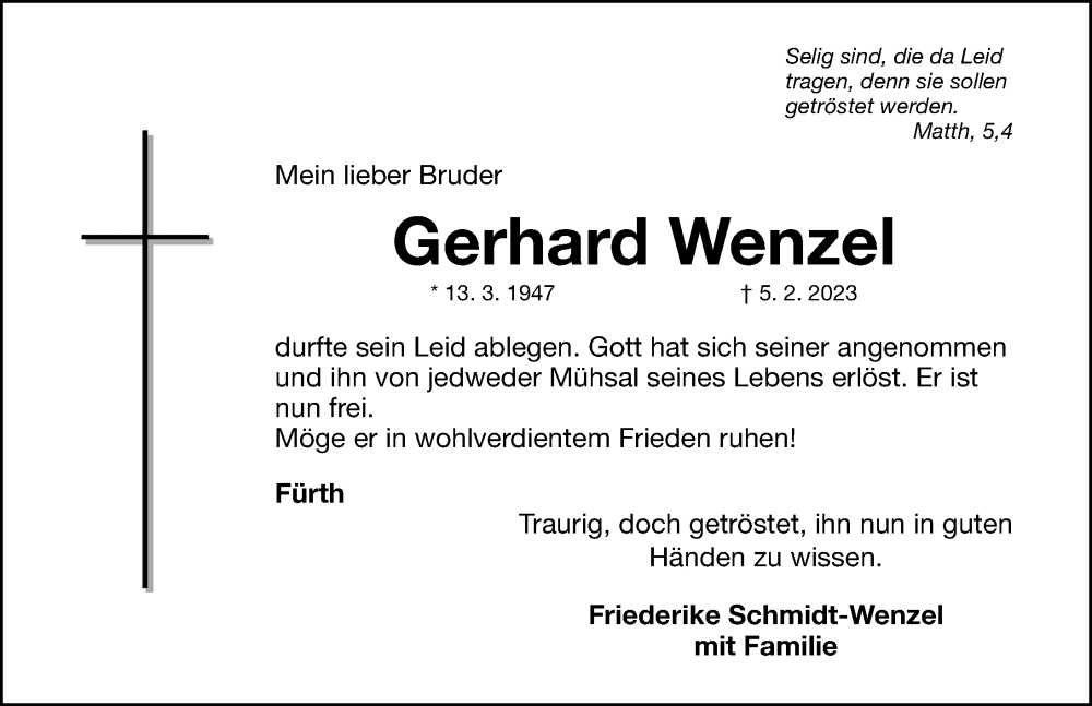  Traueranzeige für Gerhard Wenzel vom 25.02.2023 aus Fürther Nachrichten Lokal