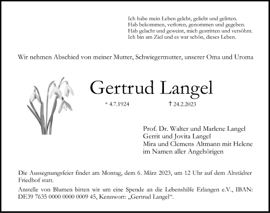 Traueranzeige von Gertrud Langel von Erlanger Nachrichten Lokal