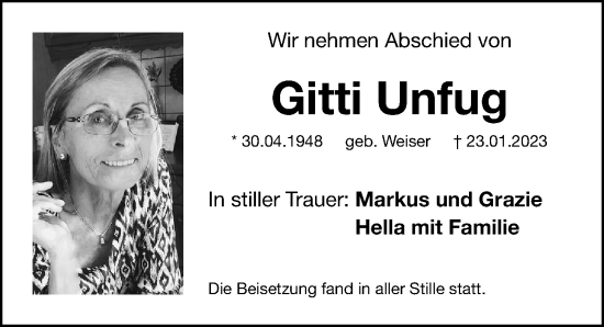 Traueranzeige von Gitti Unfug von Gesamtausgabe Nürnberger Nachrichten/ Nürnberger Ztg.