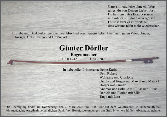 Traueranzeige von Günter Dörfler von Erlanger Nachrichten Lokal