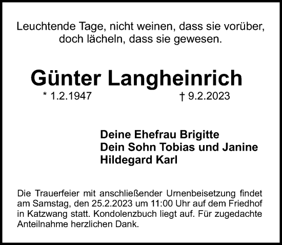 Traueranzeige von Günter Langheinrich von Gesamtausgabe Nürnberger Nachrichten/ Nürnberger Ztg.