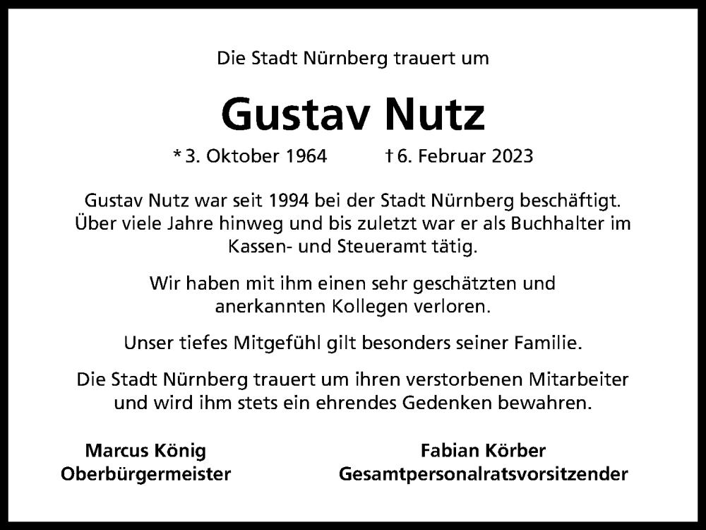  Traueranzeige für Gustav Nutz vom 13.02.2023 aus Gesamtausgabe Nürnberger Nachrichten/ Nürnberger Ztg.