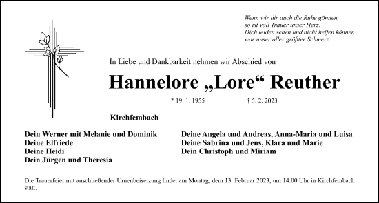 Traueranzeige von Hannelore Reuther von Fürther Nachrichten Lokal