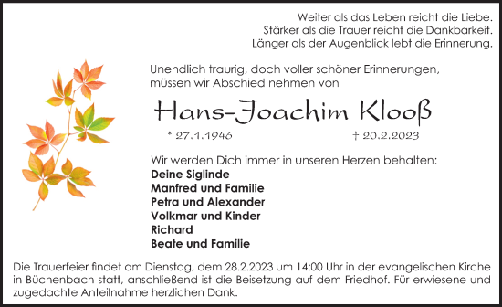 Traueranzeige von Hans-Joachim Klooß von Gesamtausgabe Nürnberger Nachrichten/ Nürnberger Ztg./ Roth-Hilpoltsteiner Volkszeitung