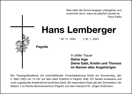 Traueranzeige von Hans Lemberger von Nordbayerische Nachrichten Pegnitz Lokal