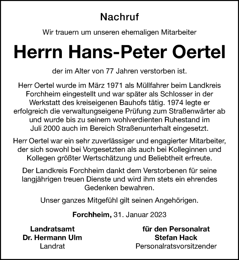  Traueranzeige für Hans-Peter Oertel vom 02.02.2023 aus Nordbayerische Nachrichten Forchheim Lokal