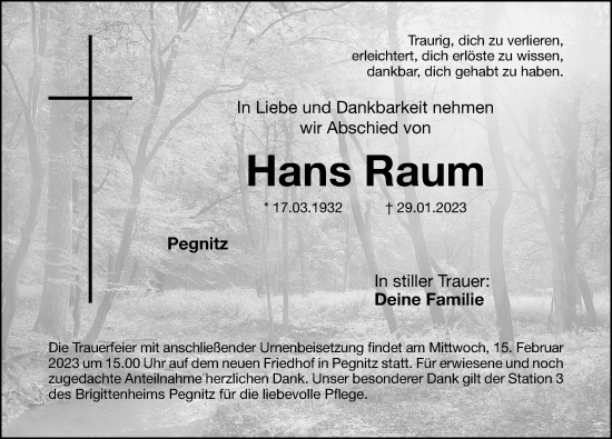 Traueranzeige von Hans Raum von Nordbayerische Nachrichten Pegnitz Lokal