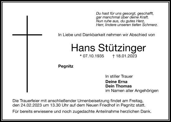 Traueranzeige von Hans Stützinger von Nordbayerische Nachrichten Pegnitz Lokal