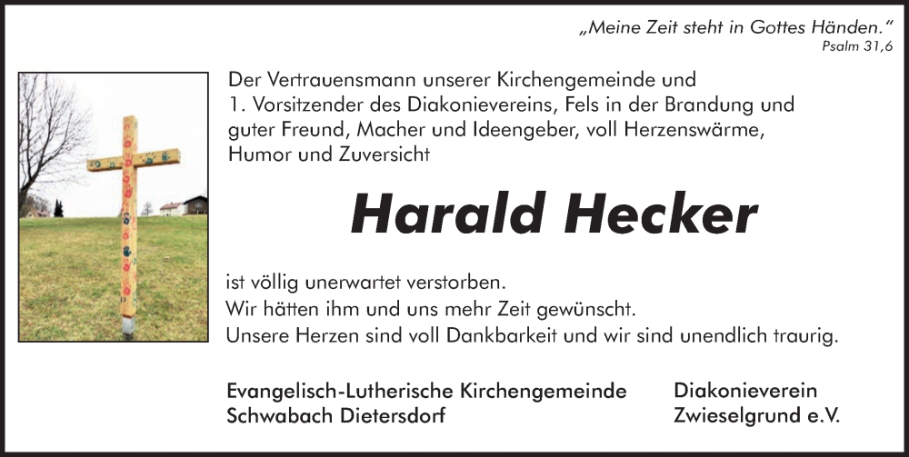  Traueranzeige für Harald Hecker vom 02.02.2023 aus Schwabacher Tagblatt Lokal