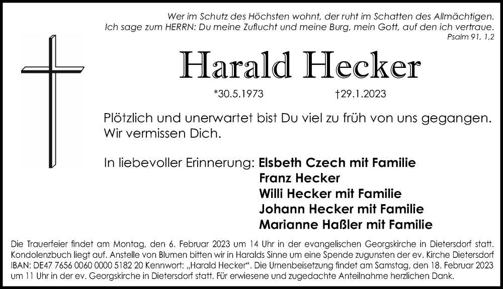  Traueranzeige für Harald Hecker vom 02.02.2023 aus Schwabacher Tagblatt Lokal