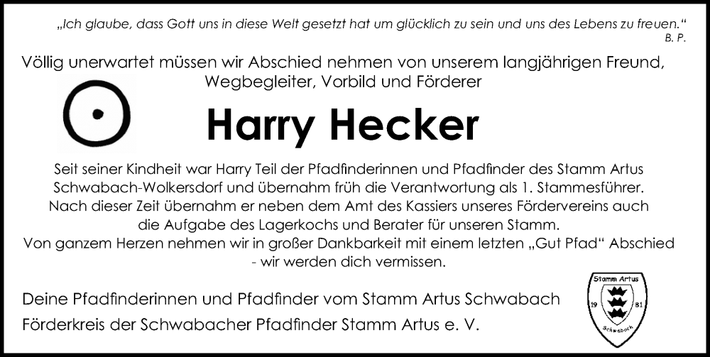  Traueranzeige für Harald Hecker vom 02.02.2023 aus Schwabacher Tagblatt Lokal