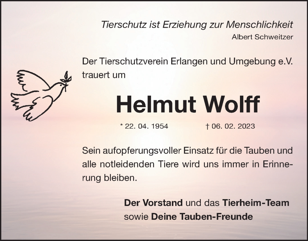  Traueranzeige für Helmut Wolff vom 21.02.2023 aus Erlanger Nachrichten Lokal