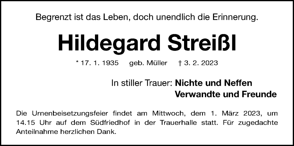  Traueranzeige für Hildegard Streißl vom 25.02.2023 aus Gesamtausgabe Nürnberger Nachrichten/ Nürnberger Ztg.