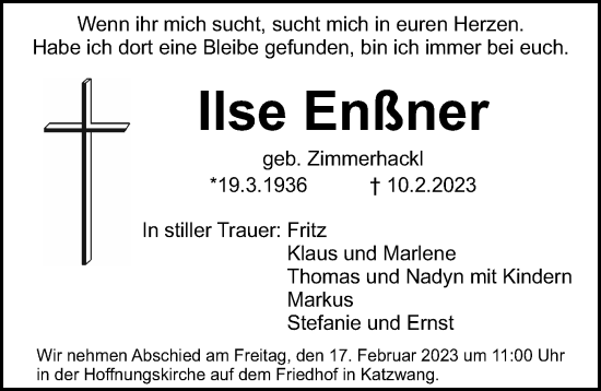 Traueranzeige von Ilse Enßner von Gesamtausgabe Nürnberger Nachrichten/ Nürnberger Ztg.