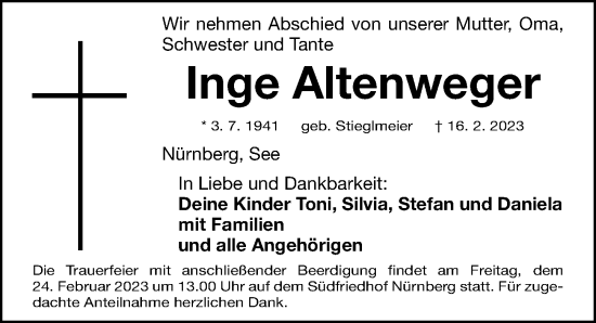 Traueranzeige von Inge Altenweger von Gesamtausgabe Nürnberger Nachrichten/ Nürnberger Ztg.