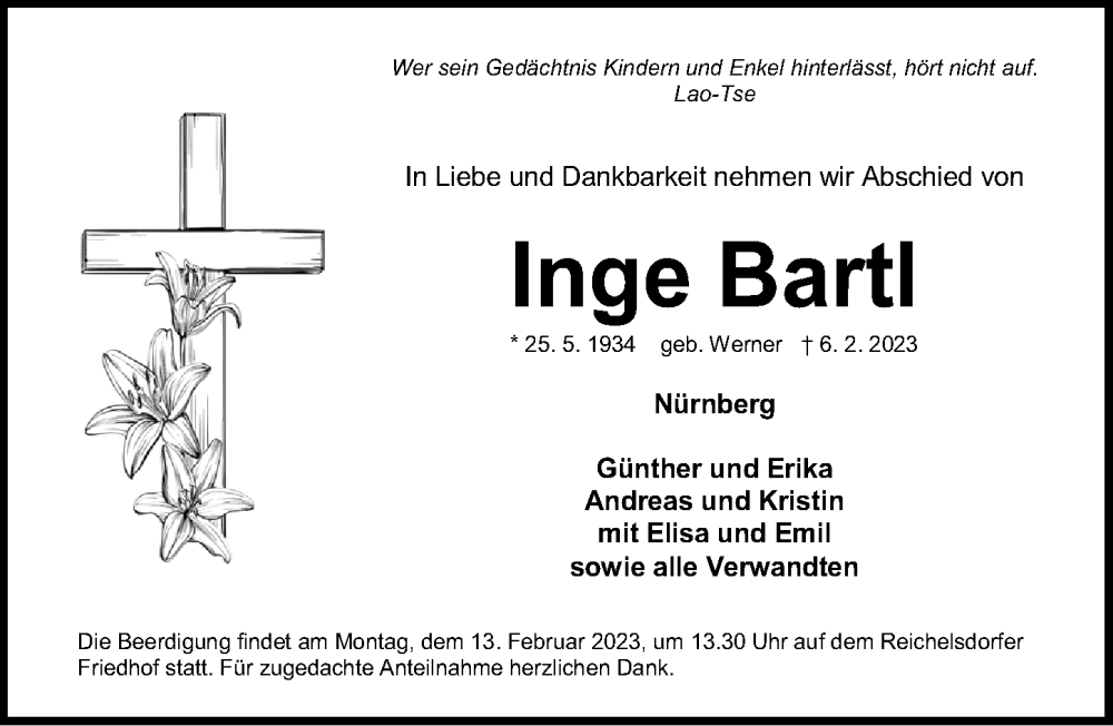 Traueranzeige für Inge Bartl vom 11.02.2023 aus Gesamtausgabe Nürnberger Nachrichten/ Nürnberger Ztg.