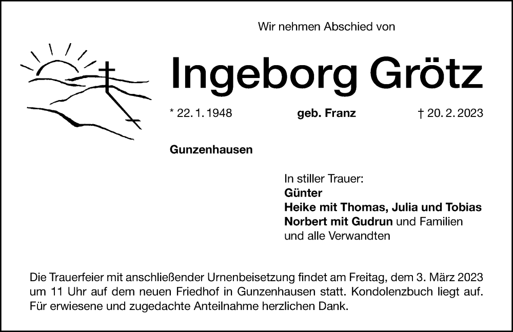  Traueranzeige für Ingeborg Grötz vom 01.03.2023 aus Altmühl-Bote Lokal