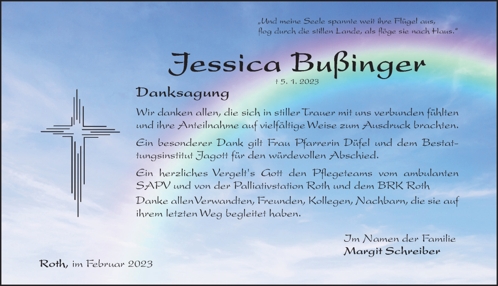 Traueranzeige für Jessica Bußinger vom 04.02.2023 aus Roth-Hilpoltsteiner Volkszeitung Lokal