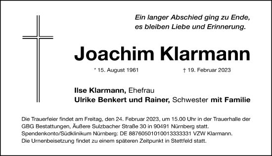 Traueranzeige von Joachim Klarmann von Gesamtausgabe Nürnberger Nachrichten/ Nürnberger Ztg.