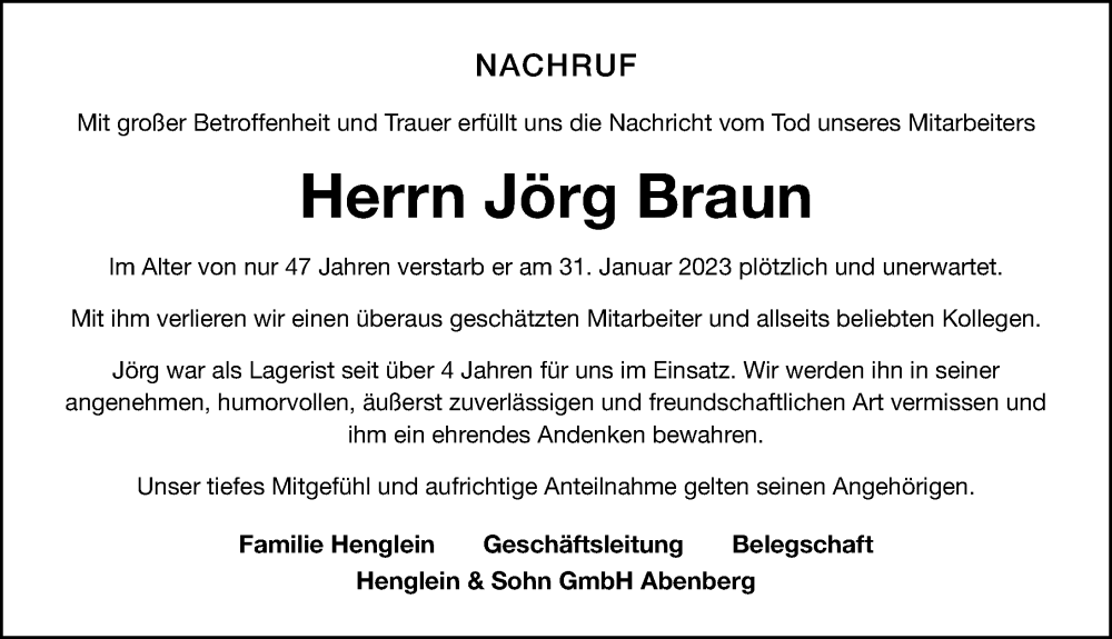  Traueranzeige für Jörg Braun vom 07.02.2023 aus Roth-Hilpoltsteiner Volkszeitung Lokal