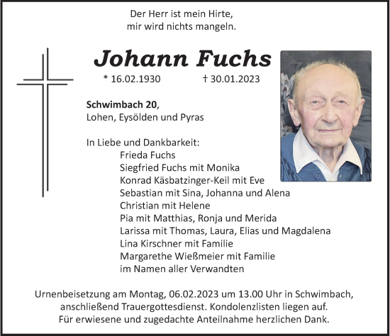 Traueranzeige von Johann Fuchs von Roth-Hilpoltsteiner Volkszeitung Lokal