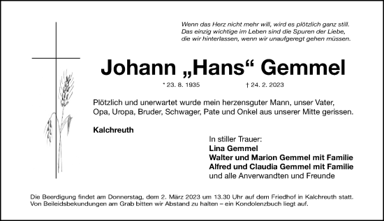 Traueranzeige von Johann Gemmel von Gesamtausgabe Nürnberger Nachrichten/ Nürnberger Ztg.