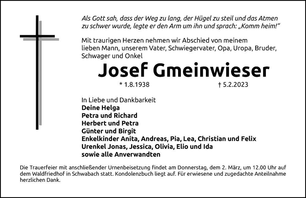  Traueranzeige für Josef Gmeinwieser vom 25.02.2023 aus Schwabacher Tagblatt Lokal