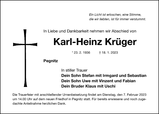 Traueranzeige von Karl-Heinz Krüger von Nordbayerische Nachrichten Pegnitz Lokal