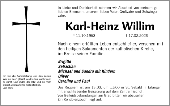 Traueranzeige von Karl-Heinz Willim von Erlanger Nachrichten Lokal