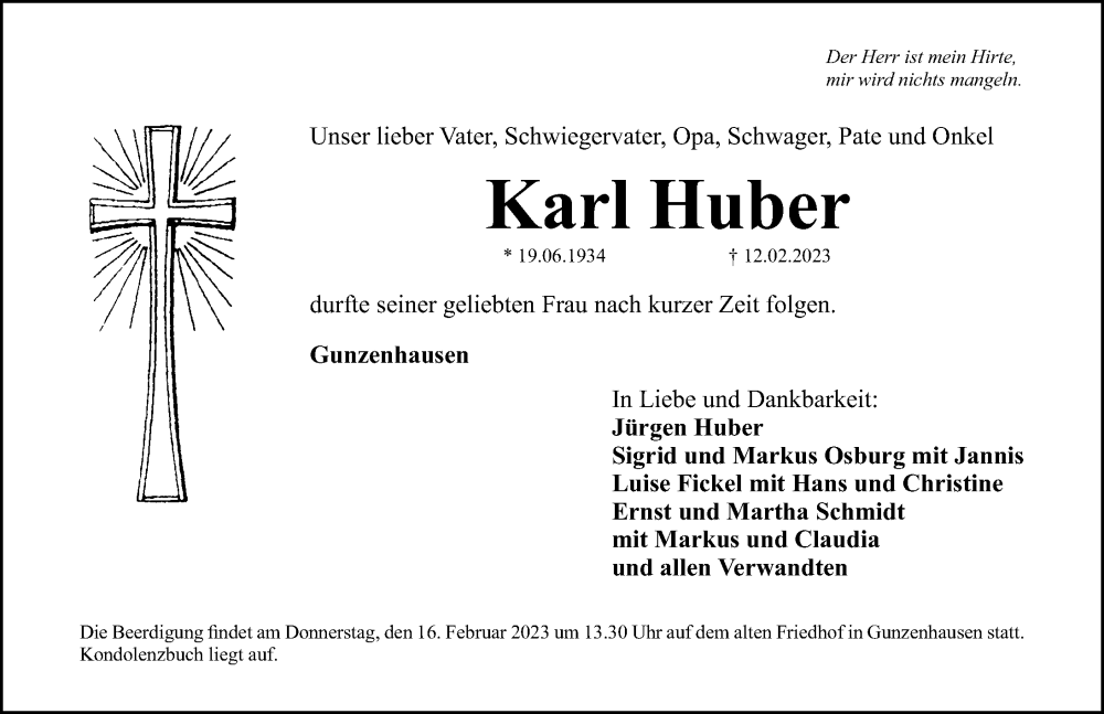  Traueranzeige für Karl Huber vom 14.02.2023 aus Altmühl-Bote Lokal
