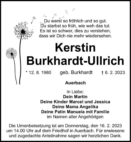 Traueranzeige von Kerstin Burkhardt-Ullrich von Nordbayerische Nachrichten Pegnitz Lokal