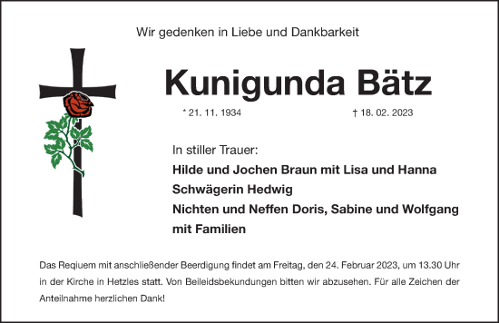 Traueranzeige von Kunigunda Bätz von Nordbayerische Nachrichten Forchheim Lokal