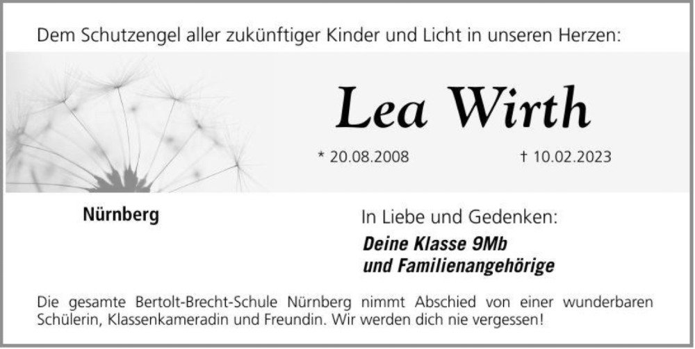  Traueranzeige für Lea Wirth vom 25.02.2023 aus Gesamtausgabe Nürnberger Nachrichten/ Nürnberger Ztg.
