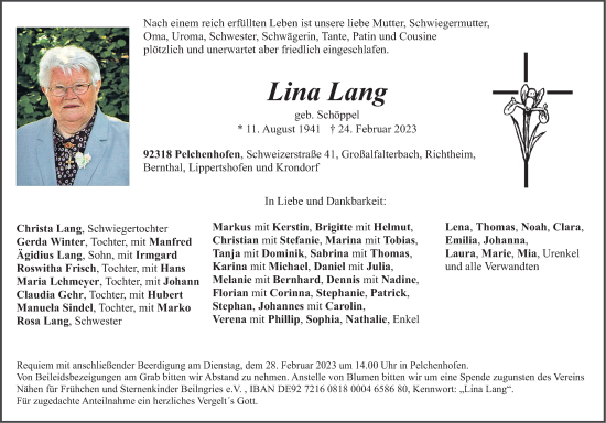 Traueranzeige von Lina Lang von Neumarkter Nachrichten Lokal