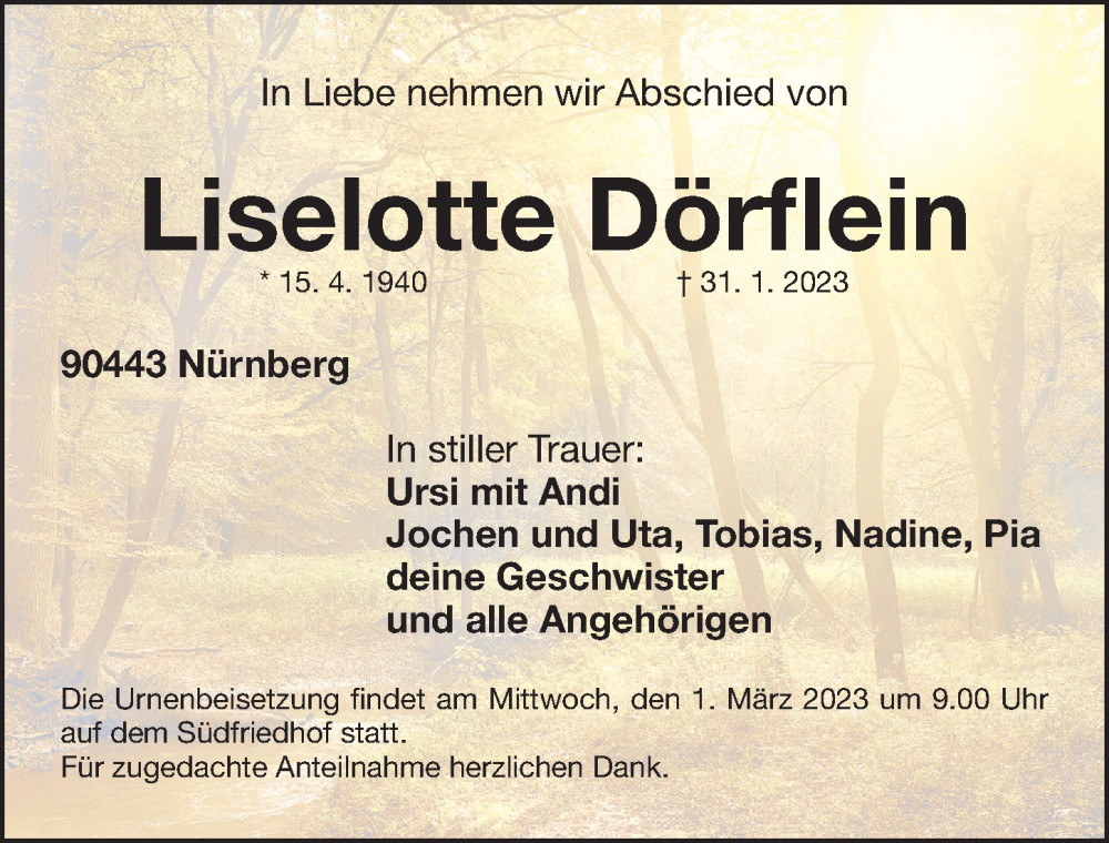  Traueranzeige für Liselotte Dörflein vom 25.02.2023 aus Gesamtausgabe Nürnberger Nachrichten/ Nürnberger Ztg.