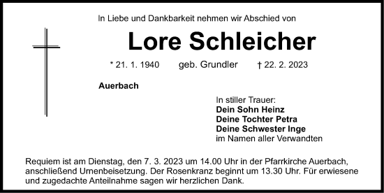 Traueranzeige von Lore Schleicher von Nordbayerische Nachrichten Pegnitz Lokal