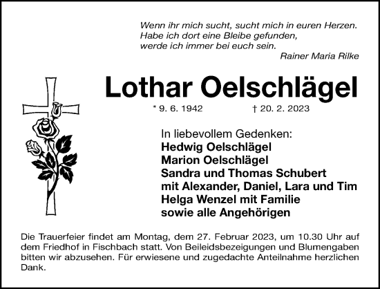 Traueranzeige von Lothar Oelschlägel von Gesamtausgabe Nürnberger Nachrichten/ Nürnberger Ztg.
