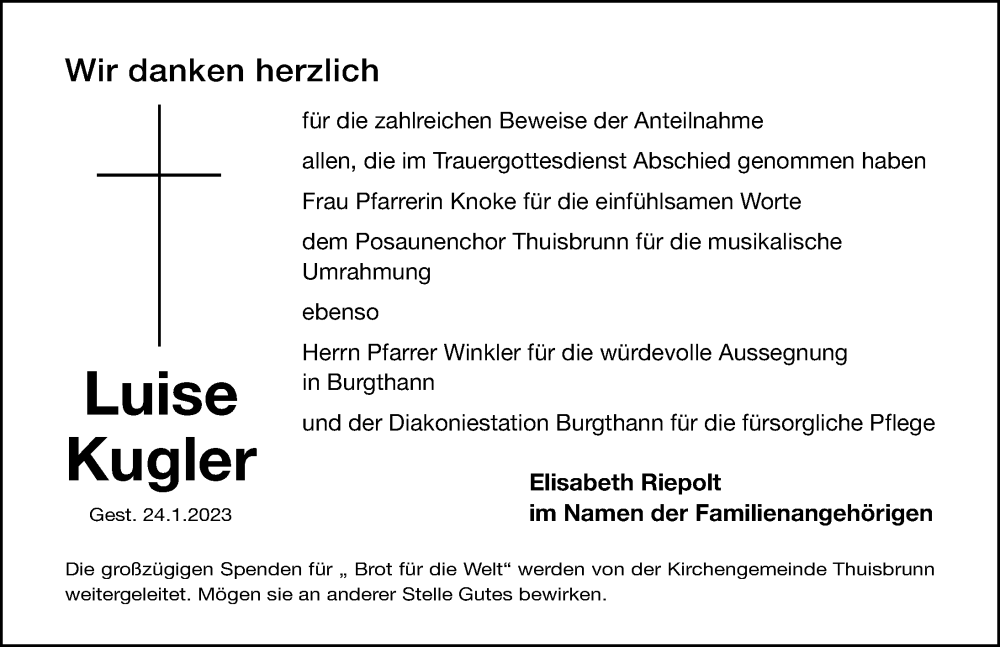  Traueranzeige für Luise Kugler vom 25.02.2023 aus Nordbayerische Nachrichten Forchheim Lokal