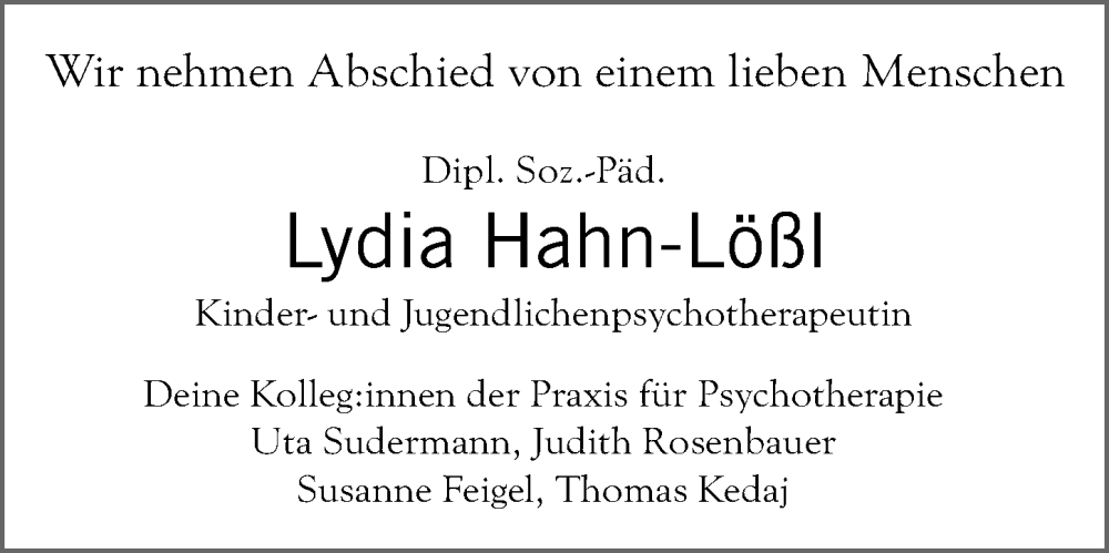  Traueranzeige für Lydia Hahn-Lößl vom 11.02.2023 aus Gesamtausgabe Nürnberger Nachrichten/ Nürnberger Ztg.