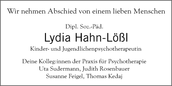 Traueranzeige von Lydia Hahn-Lößl von Gesamtausgabe Nürnberger Nachrichten/ Nürnberger Ztg.