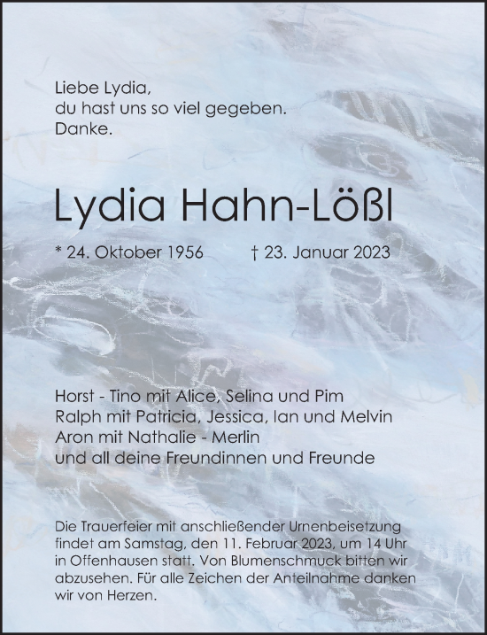 Traueranzeige von Lydia Hahn-Lößl von Gesamtausgabe Nürnberger Nachrichten/ Nürnberger Ztg.