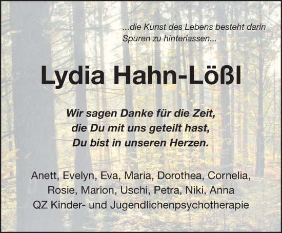 Traueranzeige von Lydia Hahn-Lößl von Gesamtausgabe Nürnberger Nachrichten/ Nürnberger Ztg.