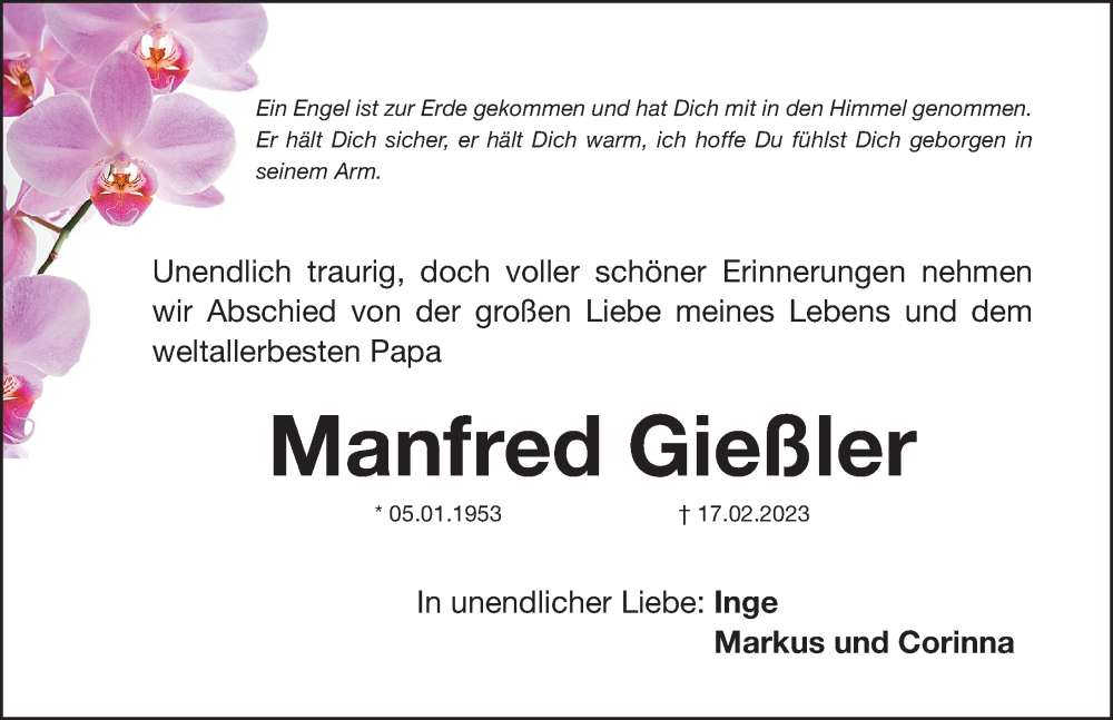  Traueranzeige für Manfred Gießler vom 25.02.2023 aus Gesamtausgabe Nürnberger Nachrichten/ Nürnberger Ztg.