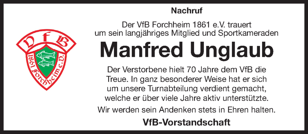  Traueranzeige für Manfred Unglaub vom 03.02.2023 aus Nordbayerische Nachrichten Forchheim Lokal