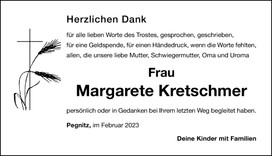 Traueranzeige von Margarete Kretschmer von Nordbayerische Nachrichten Pegnitz Lokal