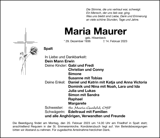 Traueranzeige von Maria Maurer von Roth-Hilpoltsteiner Volkszeitung Lokal