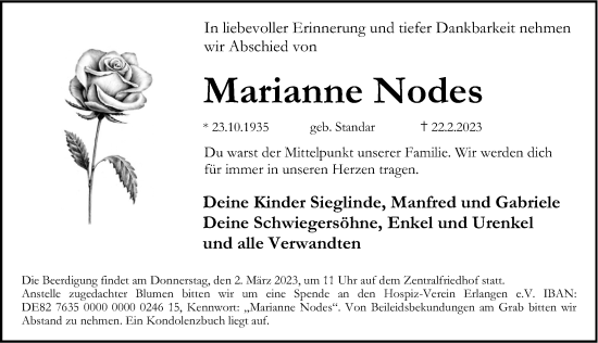 Traueranzeige von Marianne Nodes von Erlanger Nachrichten Lokal