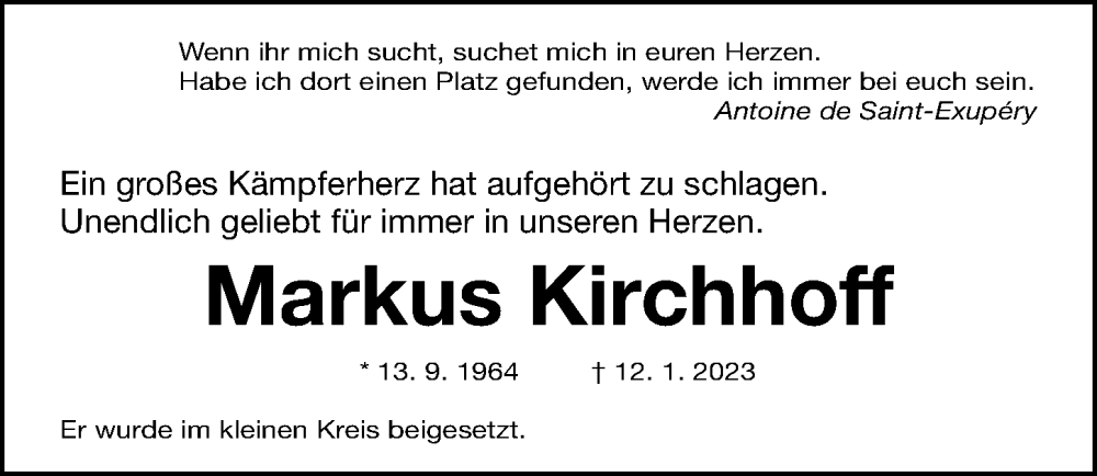  Traueranzeige für Markus Kirchhoff vom 18.02.2023 aus Gesamtausgabe Nürnberger Nachrichten/ Nürnberger Ztg.