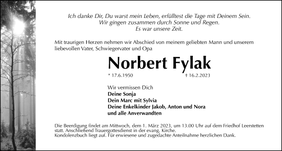Traueranzeige von Norbert Fylak von Schwabacher Tagblatt Lokal